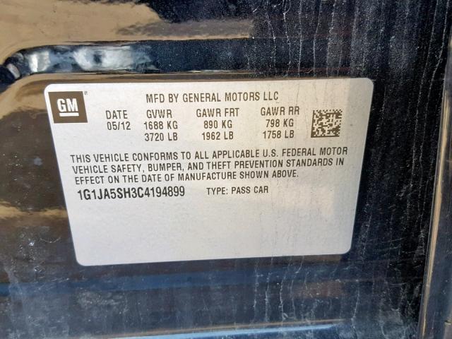 1G1JA5SH3C4194899 - 2012 CHEVROLET SONIC LS BLACK photo 10