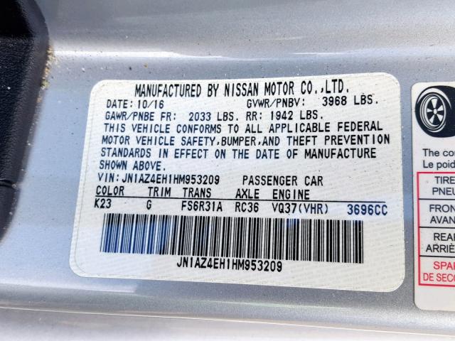 JN1AZ4EH1HM953209 - 2017 NISSAN 370Z BASE SILVER photo 10