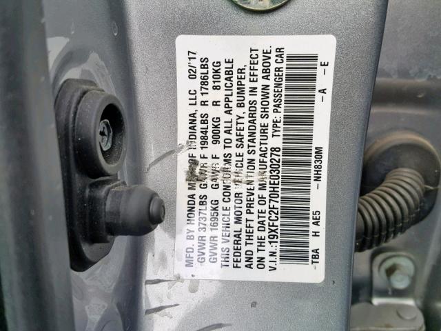 19XFC2F70HE030278 - 2017 HONDA CIVIC EX SILVER photo 10