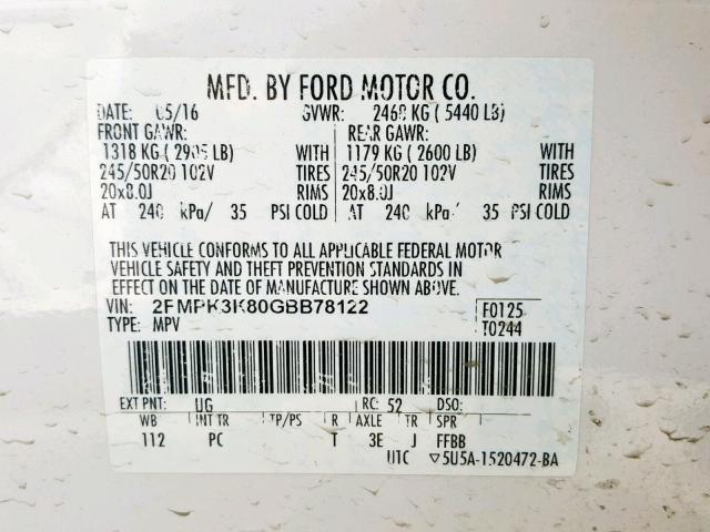 2FMPK3K80GBB78122 - 2016 FORD EDGE TITAN WHITE photo 10