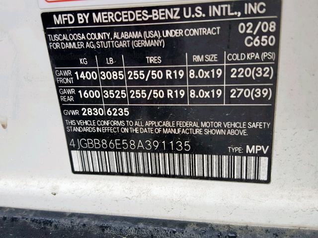 4JGBB86E58A391135 - 2008 MERCEDES-BENZ ML 350 WHITE photo 10