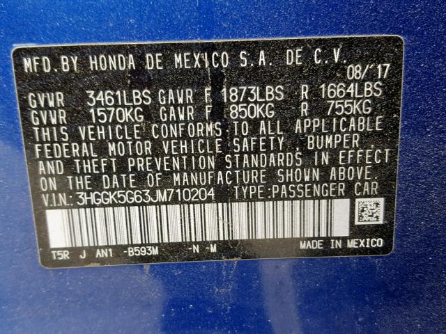 3HGGK5G63JM710204 - 2018 HONDA FIT SPORT ლურჯი ფოტო 10