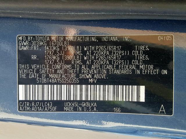 5TDBT48A15S250355 - 2005 TOYOTA SEQUOIA LI BLUE photo 10