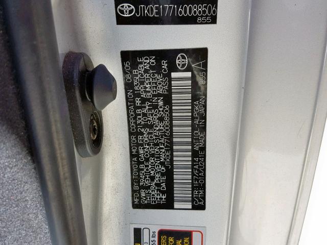 JTKDE177160088506 - 2006 TOYOTA SCION TC ვერცხლისფერი ფოტო 10