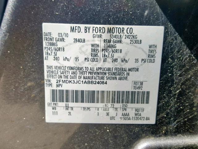 2FMDK3JC1ABB24084 - 2010 FORD EDGE SEL GRAY photo 10