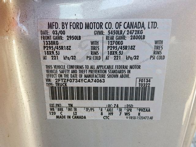 2FTZF0734YCA74063 - 2000 FORD F150 SVT L GRAY photo 10