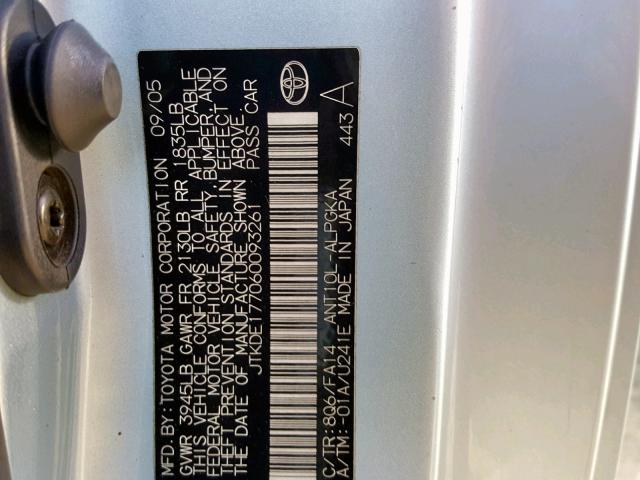 JTKDE177060093261 - 2006 TOYOTA SCION TC ლურჯი ფოტო 10