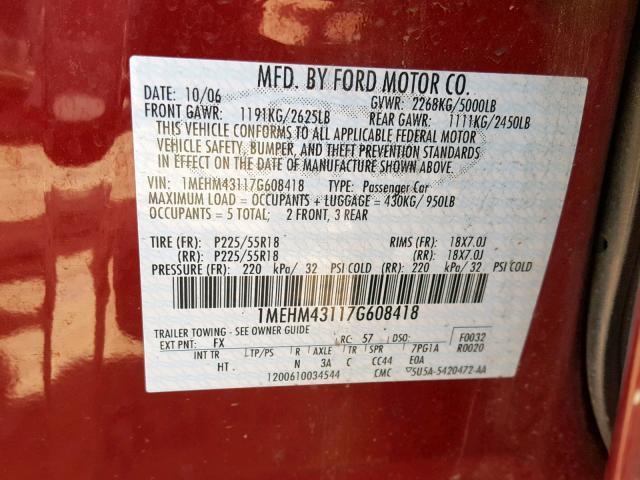 1MEHM43117G608418 - 2007 MERCURY MONTEGO PR მუქწითელი ფოტო 10