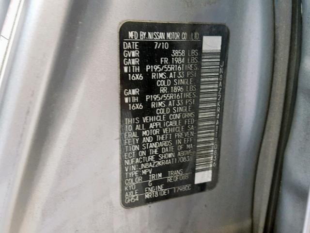 JN8AZ2KR4AT170836 - 2010 NISSAN CUBE BASE SILVER photo 10