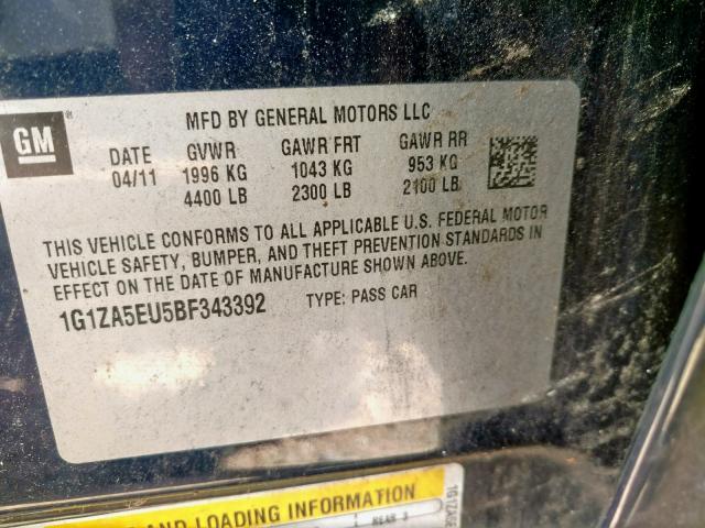 1G1ZA5EU5BF343392 - 2011 CHEVROLET MALIBU LS BLUE photo 10