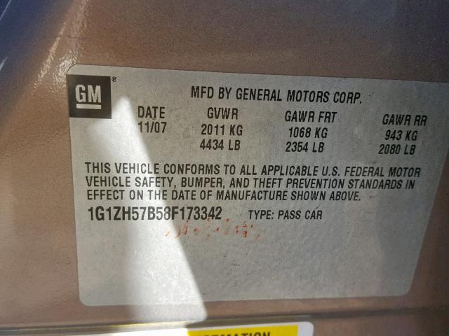 1G1ZH57B58F173342 - 2008 CHEVROLET MALIBU 1LT 米色 照片 10