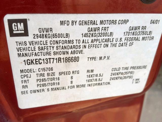 1GKEC13T71R186680 - 2001 GMC YUKON MAROON photo 10