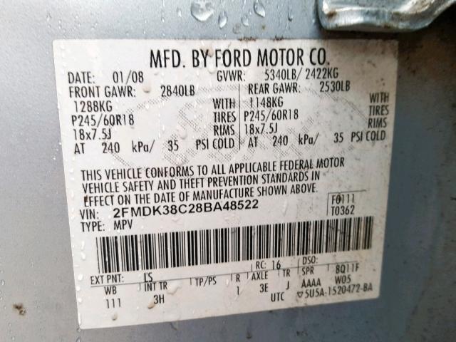 2FMDK38C28BA48522 - 2008 FORD EDGE SEL BLUE photo 10