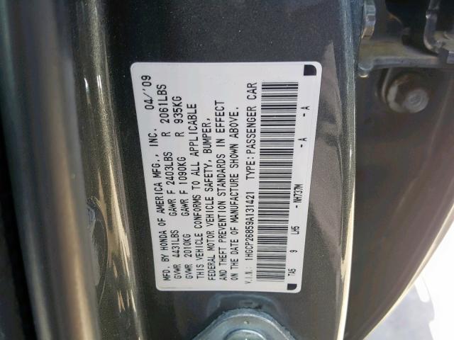 1HGCP26859A131421 - 2009 HONDA ACCORD EXL GRAY photo 10