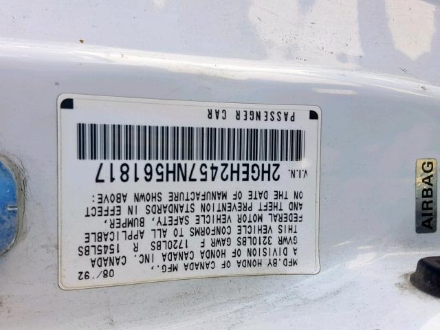 2HGEH2457NH561817 - 1992 HONDA CIVIC DX WHITE photo 10