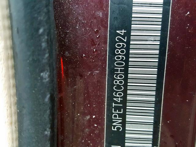 5NPET46C86H098924 - 2006 HYUNDAI SONATA GL MAROON photo 10