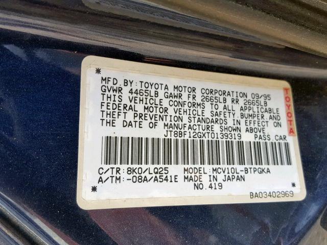 JT8BF12GXT0139319 - 1996 LEXUS ES 300 BLUE photo 10