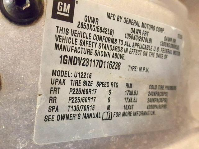 1GNDV23117D116238 - 2007 CHEVROLET UPLANDER L ვერცხლისფერი ფოტო 10