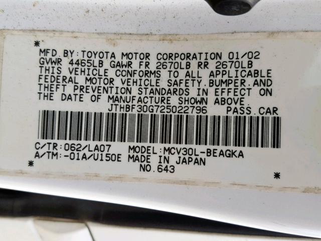 JTHBF30G725022796 - 2002 LEXUS ES 300 WHITE photo 10