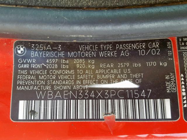 WBAEN334X3PC11547 - 2003 BMW 325 IT RED photo 10