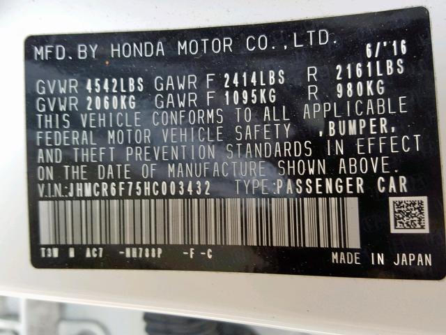 JHMCR6F75HC003432 - 2017 HONDA ACCORD HYB WHITE photo 10