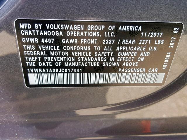 1VWBA7A38JC017441 - 2018 VOLKSWAGEN PASSAT SE GRAY photo 10