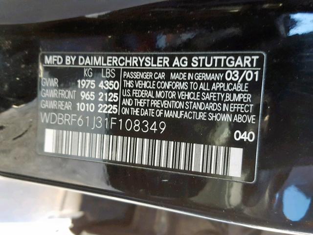 WDBRF61J31F108349 - 2001 MERCEDES-BENZ C 240 BLACK photo 10