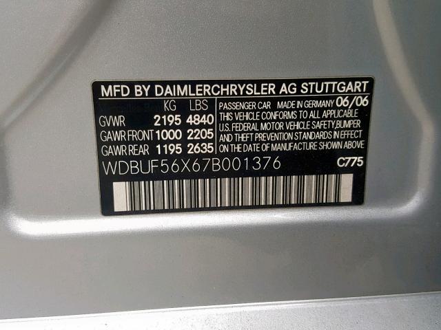 WDBUF56X67B001376 - 2007 MERCEDES-BENZ E 350 SILVER photo 10