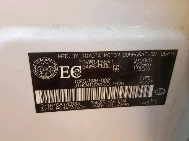 JTHCM1D29G5011528 - 2016 LEXUS IS 300 WHITE photo 10