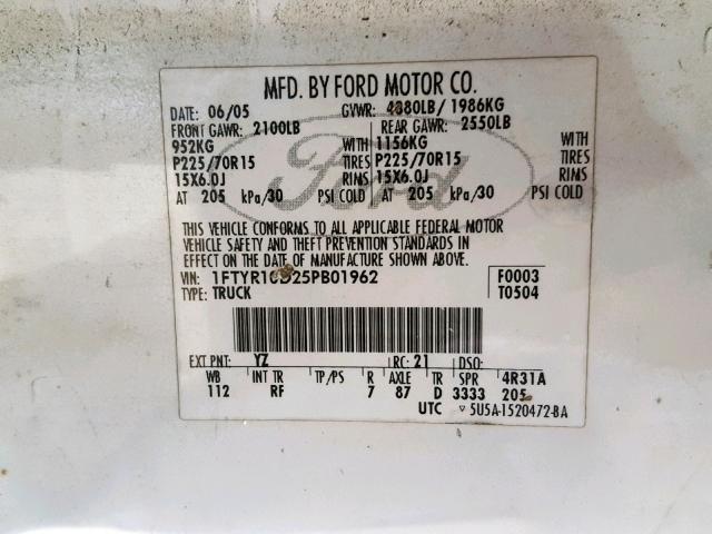 1FTYR10D25PB01962 - 2005 FORD RANGER WHITE photo 10