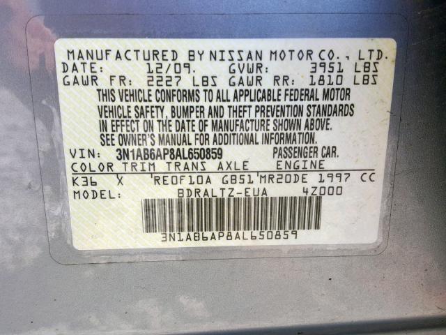 3N1AB6AP8AL650859 - 2010 NISSAN SENTRA 2.0 SILVER photo 10