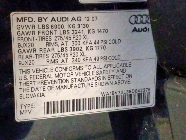 WA1BV74L38D042376 - 2008 AUDI Q7 4.2 QUATTRO PREMIUM  photo 10