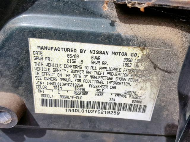 1N4DL01D2YC219259 - 2000 NISSAN ALTIMA XE GREEN photo 10