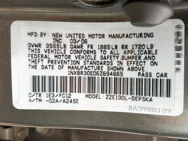 1NXBR30E06Z694665 - 2006 TOYOTA COROLLA CE GRAY photo 10