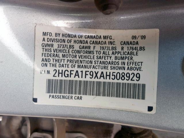 2HGFA1F9XAH508929 - 2010 HONDA CIVIC EXL SILVER photo 10