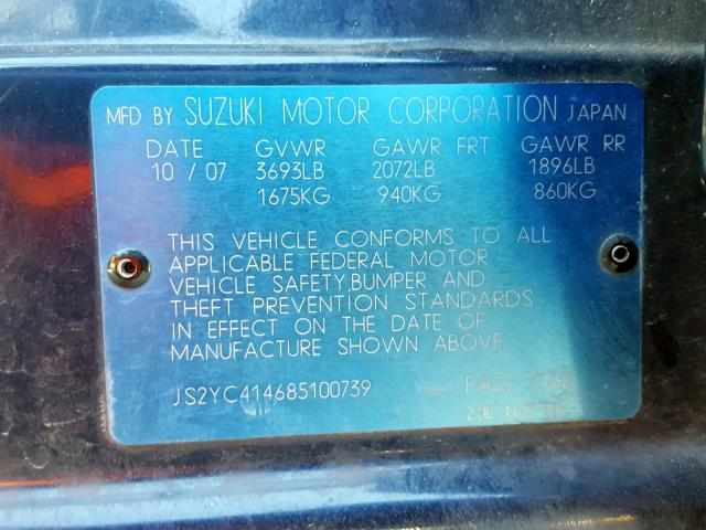 JS2YC414685100739 - 2008 SUZUKI SX4 BLUE photo 10