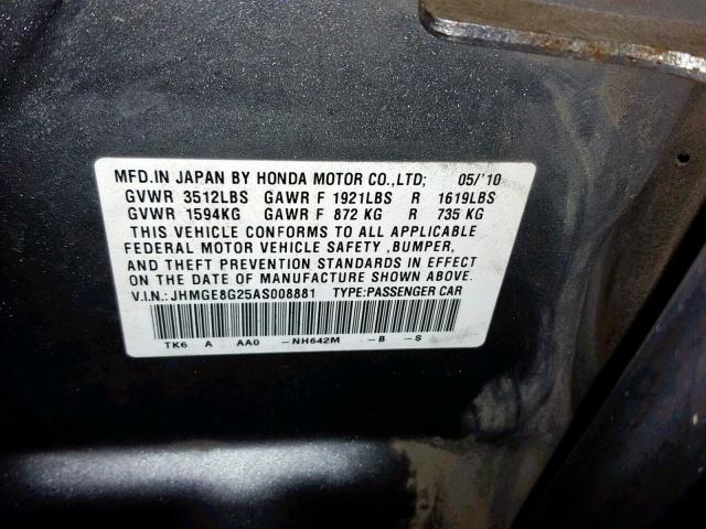 JHMGE8G25AS008881 - 2010 HONDA FIT GRAY photo 10