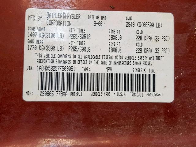 1A8HX58257F509051 - 2007 CHRYSLER ASPEN LIMI 红色 照片 10