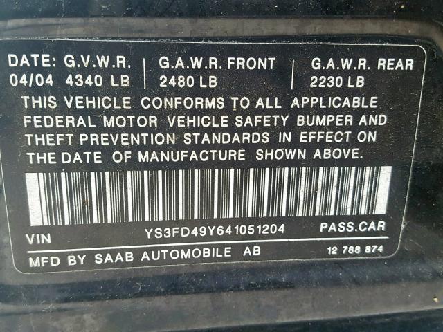 YS3FD49Y641051204 - 2004 SAAB 9-3 ARC BLACK photo 10