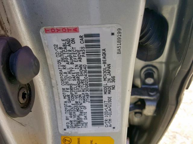 JTHBF30G820043640 - 2002 LEXUS ES 300 BURN photo 10