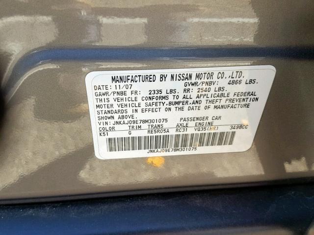JNKAJ09E78M301075 - 2008 INFINITI EX35 BASE GRAY photo 10