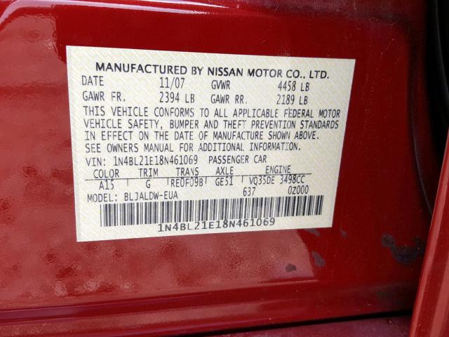 1N4BL21E18N461069 - 2008 NISSAN ALTIMA 3.5 BURGUNDY photo 10