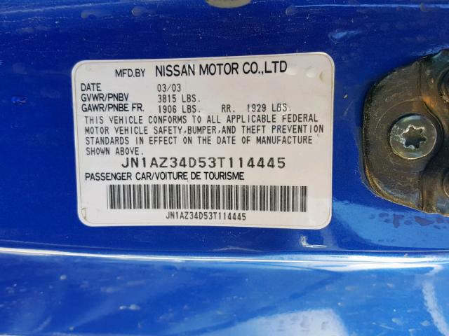 JN1AZ34D53T114445 - 2003 NISSAN 350Z COUPE BLUE photo 10