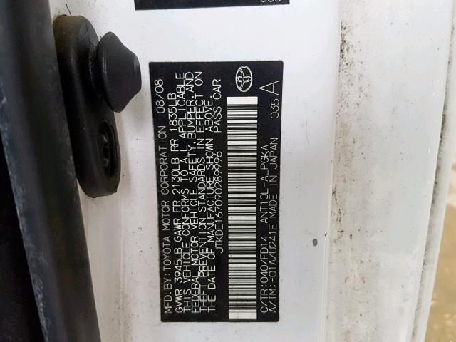 JTKDE167090289996 - 2009 TOYOTA SCION TC თეთრი ფოტო 10