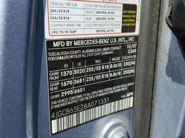 4JGCB65E28A071331 - 2008 MERCEDES-BENZ R 350 BLUE photo 10