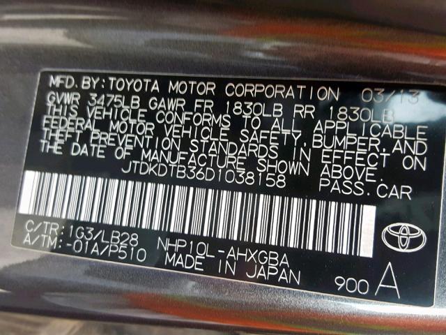 JTDKDTB36D1038158 - 2013 TOYOTA PRIUS C GRAY photo 10