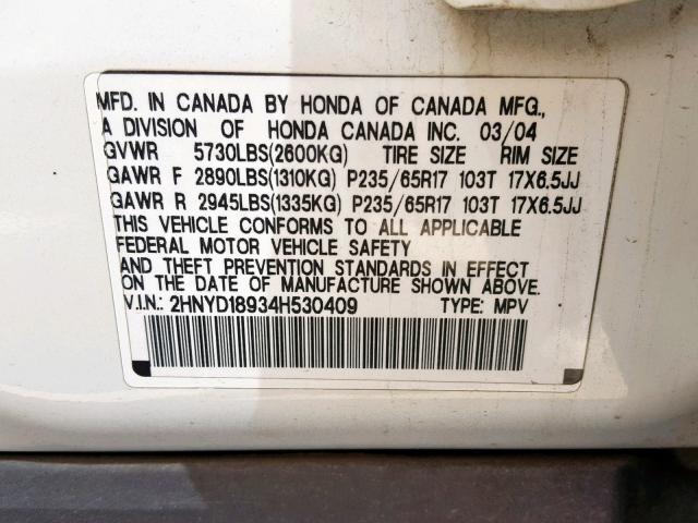 2HNYD18934H530409 - 2004 ACURA MDX TOURIN WHITE photo 10