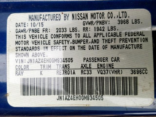 JN1AZ4EH0GM934505 - 2016 NISSAN 370Z BASE BLUE photo 10