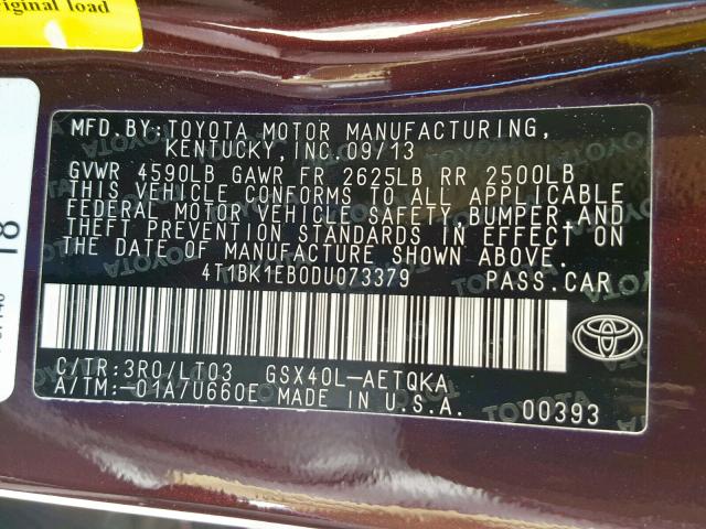 4T1BK1EB0DU073379 - 2013 TOYOTA AVALON BAS MAROON photo 10