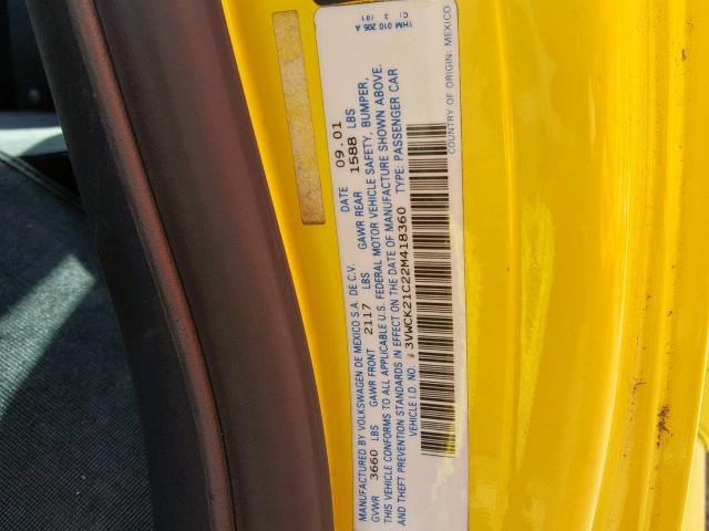 3VWCK21C22M418360 - 2002 VOLKSWAGEN NEW BEETLE Gelb Foto 10